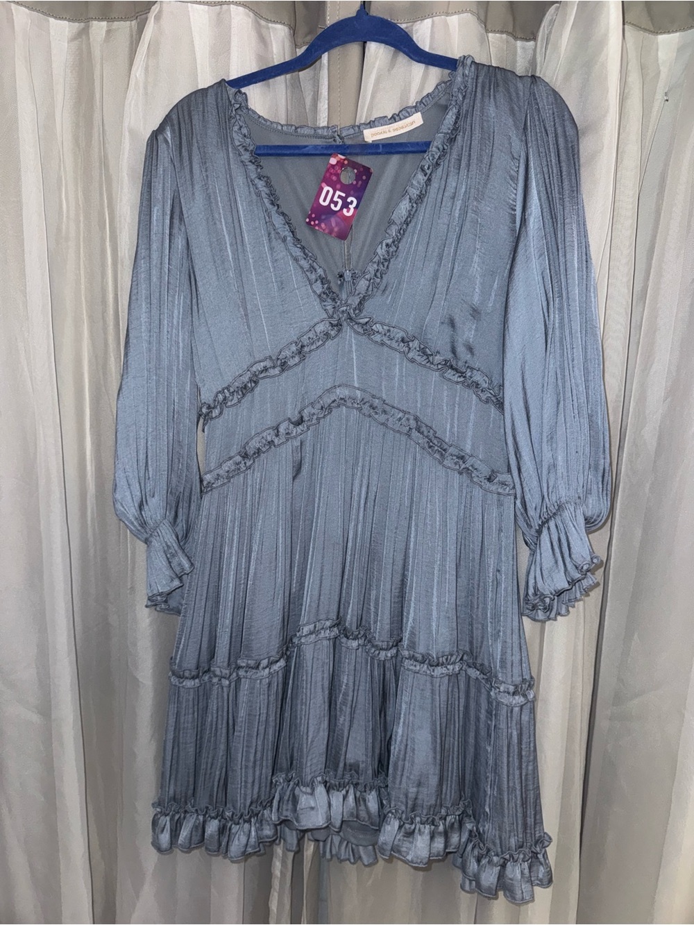 Pookie & Sebastian Light Blue Ruffled V-Neck Women's Dress
